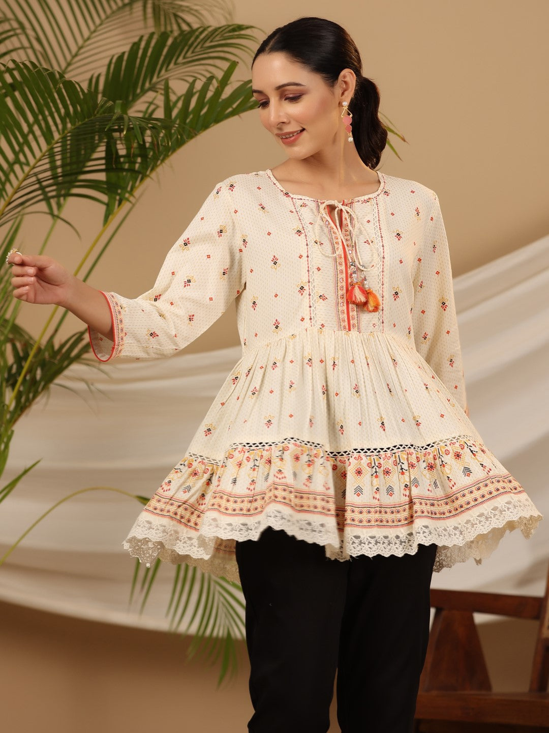 Ivory Geometric Printed Rayon Tunic With Beads & Sequins | DesiQlo