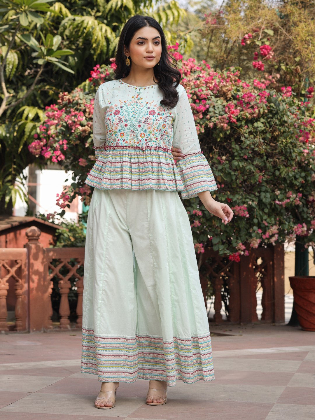 Mint Floral Printed Peplum Co-Ord Set With Kantha Work & Beads | DesiQ