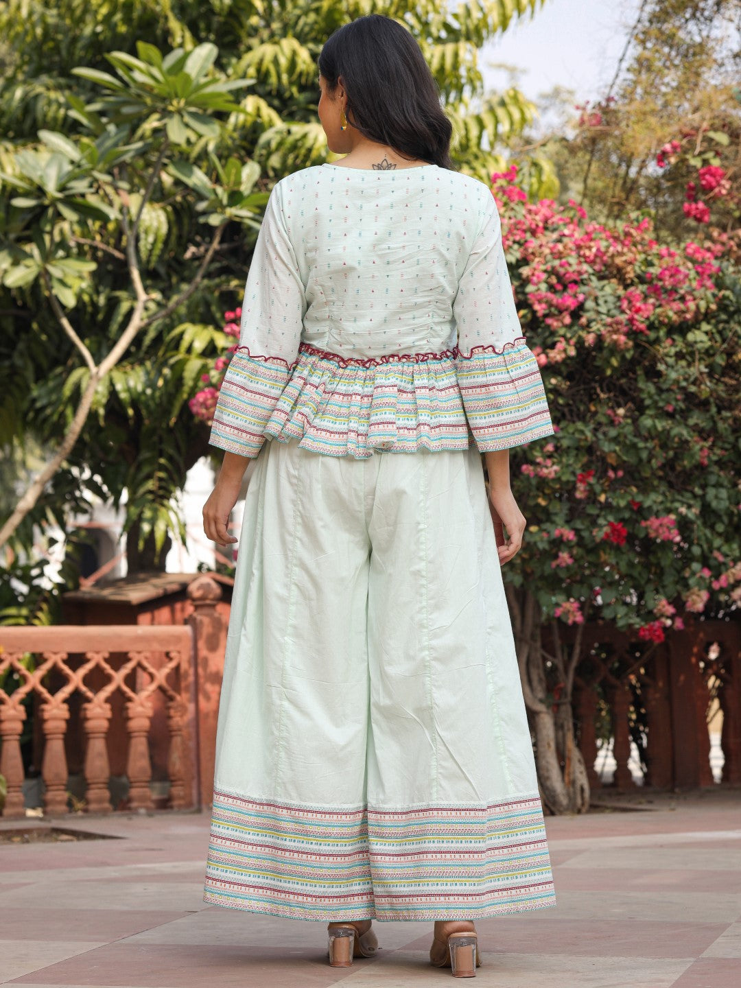 Mint Floral Printed Peplum Co-Ord Set With Kantha Work & Beads | DesiQ