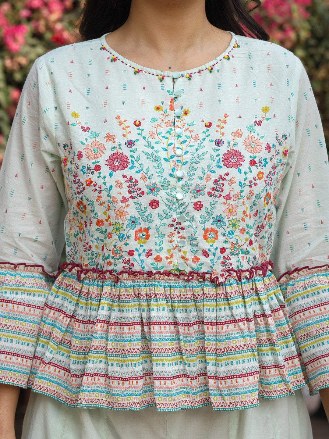Mint Floral Printed Peplum Co-Ord Set With Kantha Work & Beads | DesiQ