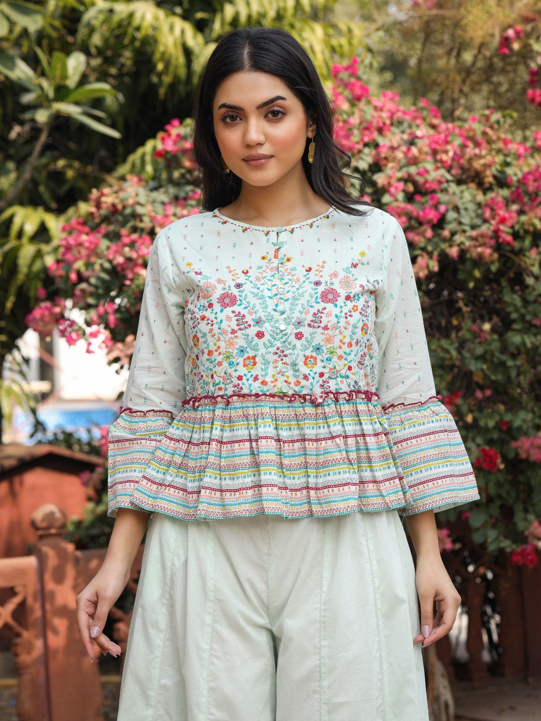 Mint Floral Printed Peplum Co-Ord Set With Kantha Work & Beads | DesiQ