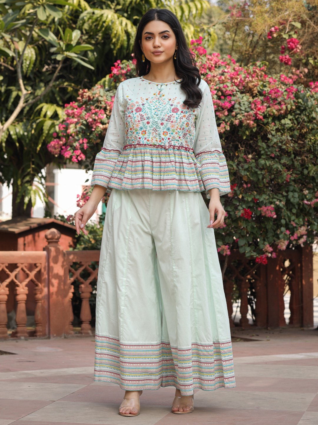 Mint Floral Printed Peplum Co-Ord Set With Kantha Work & Beads | DesiQ