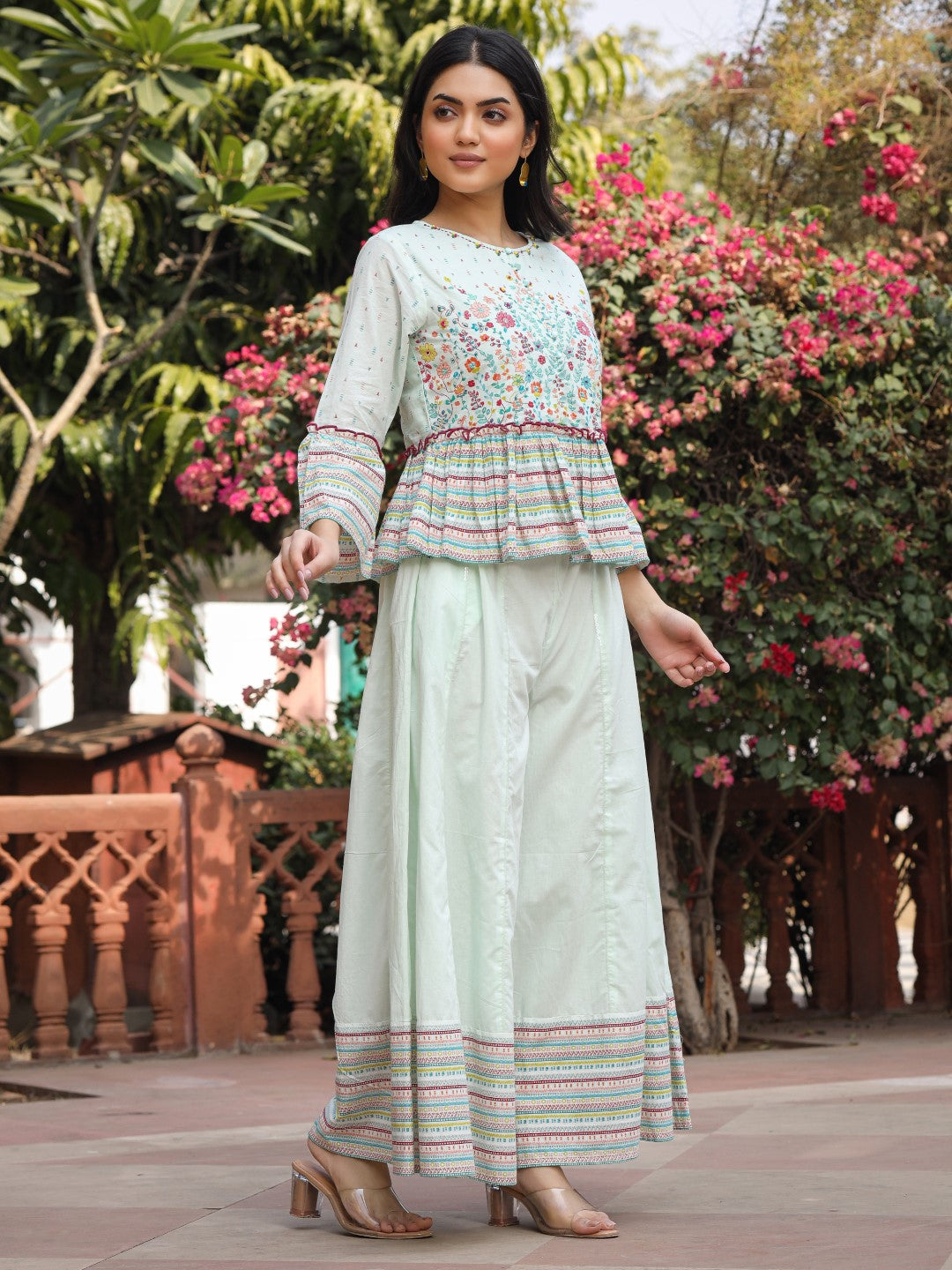 Mint Floral Printed Peplum Co-Ord Set With Kantha Work & Beads | DesiQ
