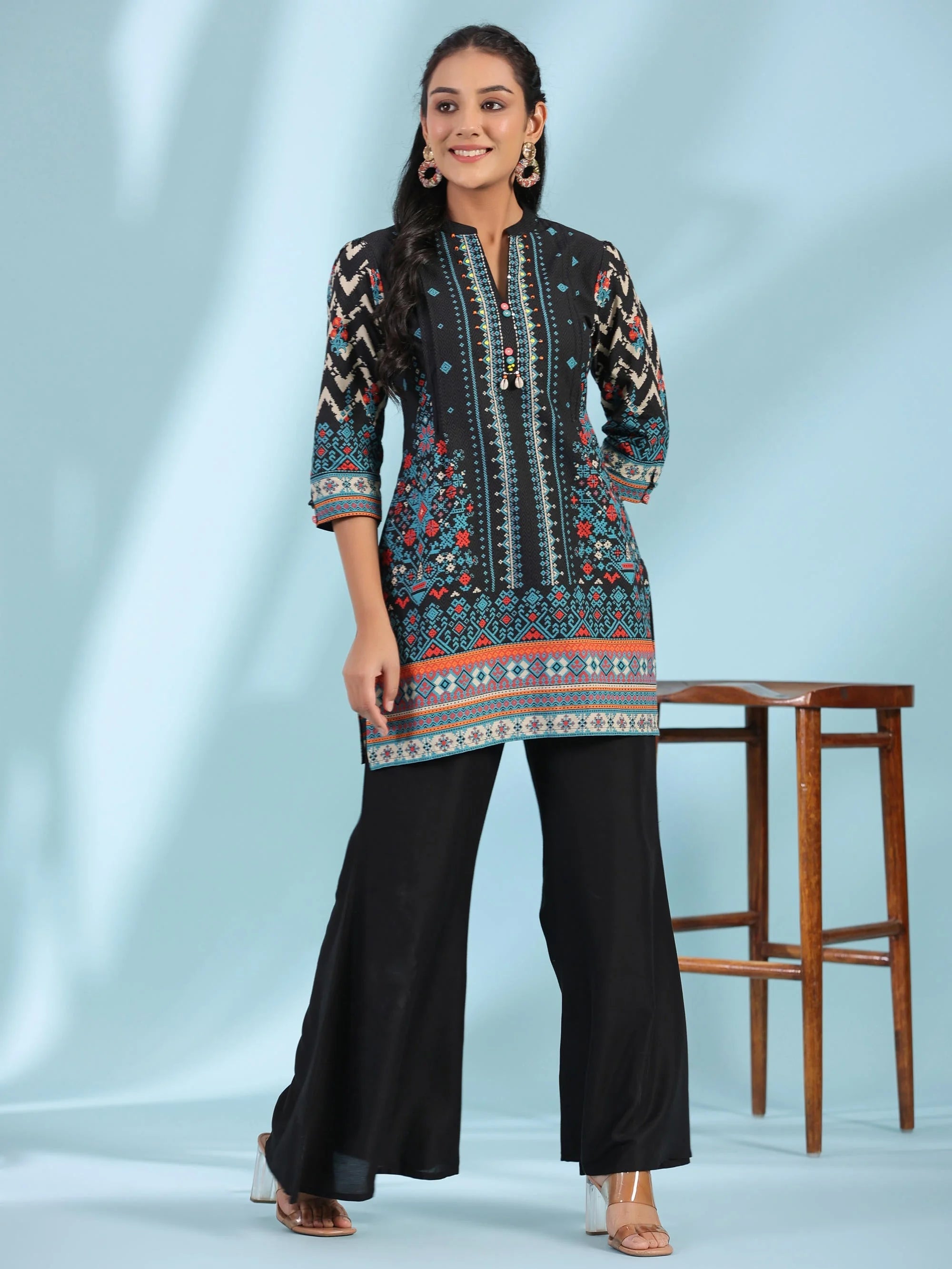 Black Printed Indian Kurta | Beads & Sequins Embellished