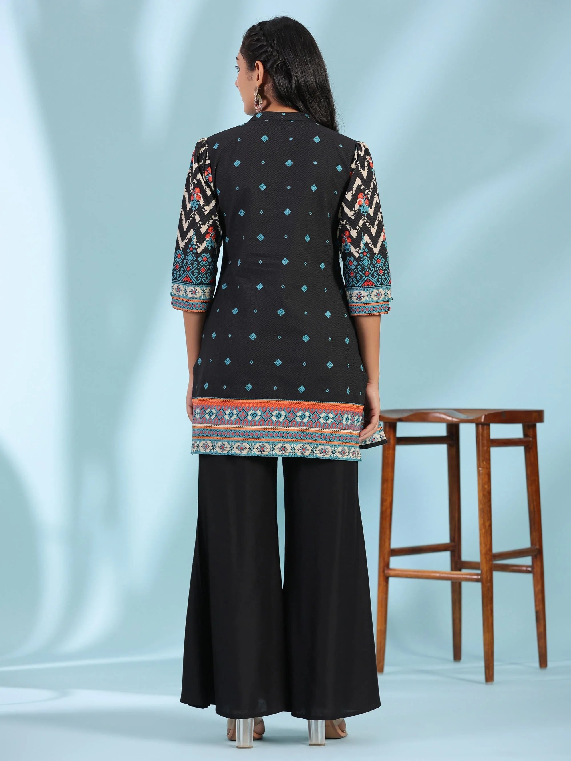 Black Printed Indian Kurta | Beads & Sequins Embellished