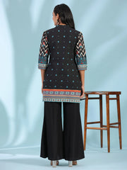 Black Pure Cotton Geometric Printed & Pleated Kurta With Beads & Sequins-S4377BLACK