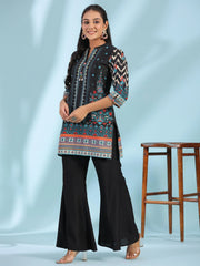 Black Pure Cotton Geometric Printed & Pleated Kurta With Beads & Sequins-S4377BLACK