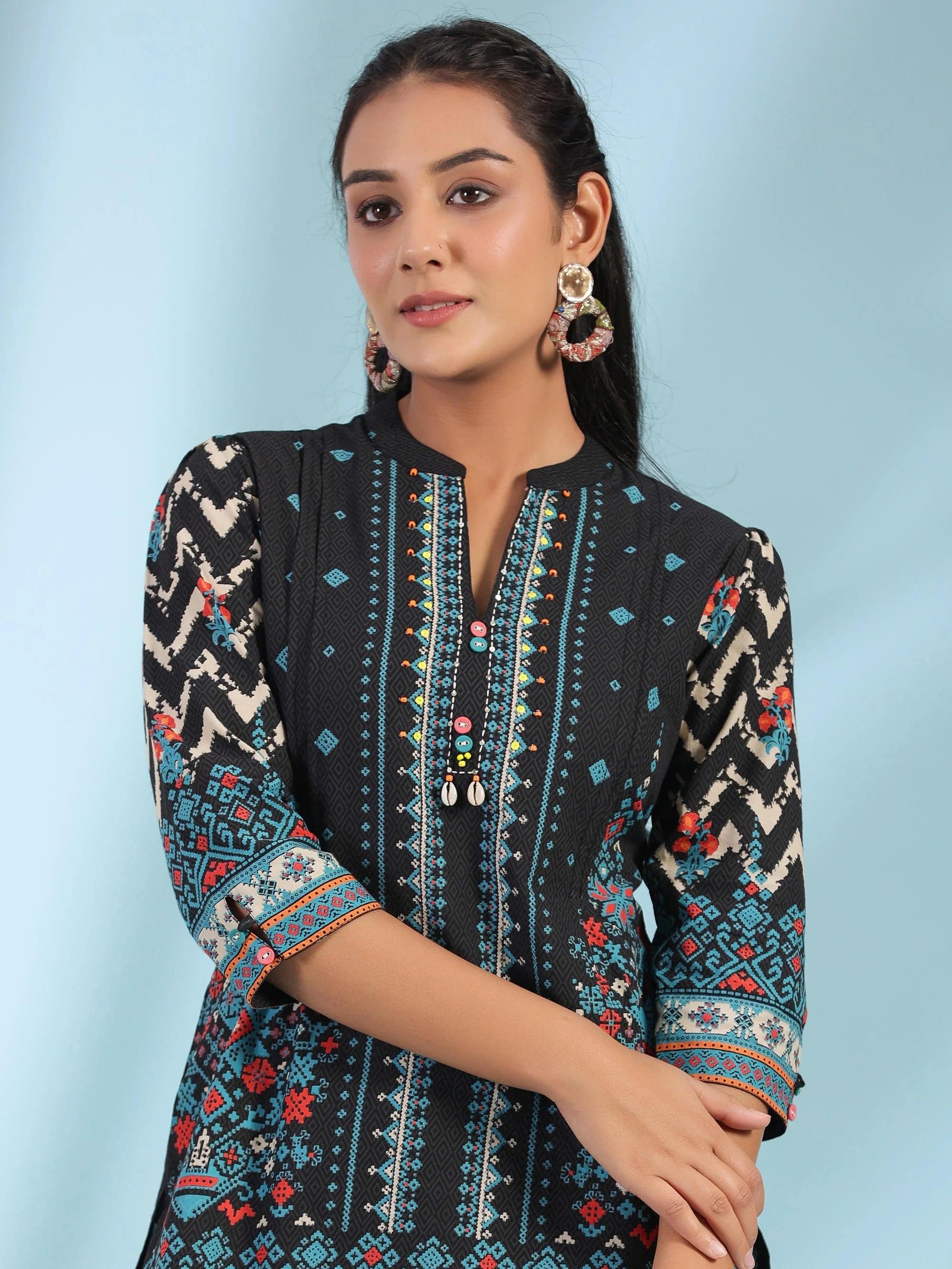 Black Printed Indian Kurta | Beads & Sequins Embellished