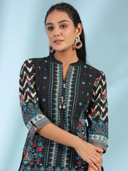 Black Pure Cotton Geometric Printed & Pleated Kurta With Beads & Sequins-S4377BLACK
