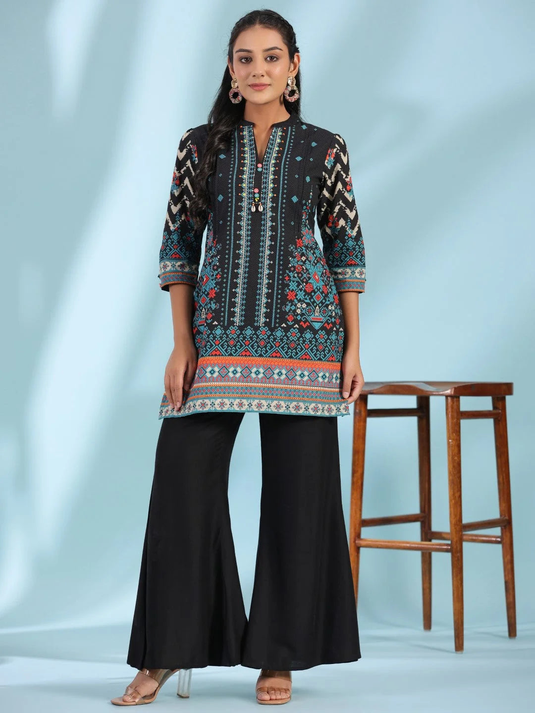 Black Printed Indian Kurta | Beads & Sequins Embellished