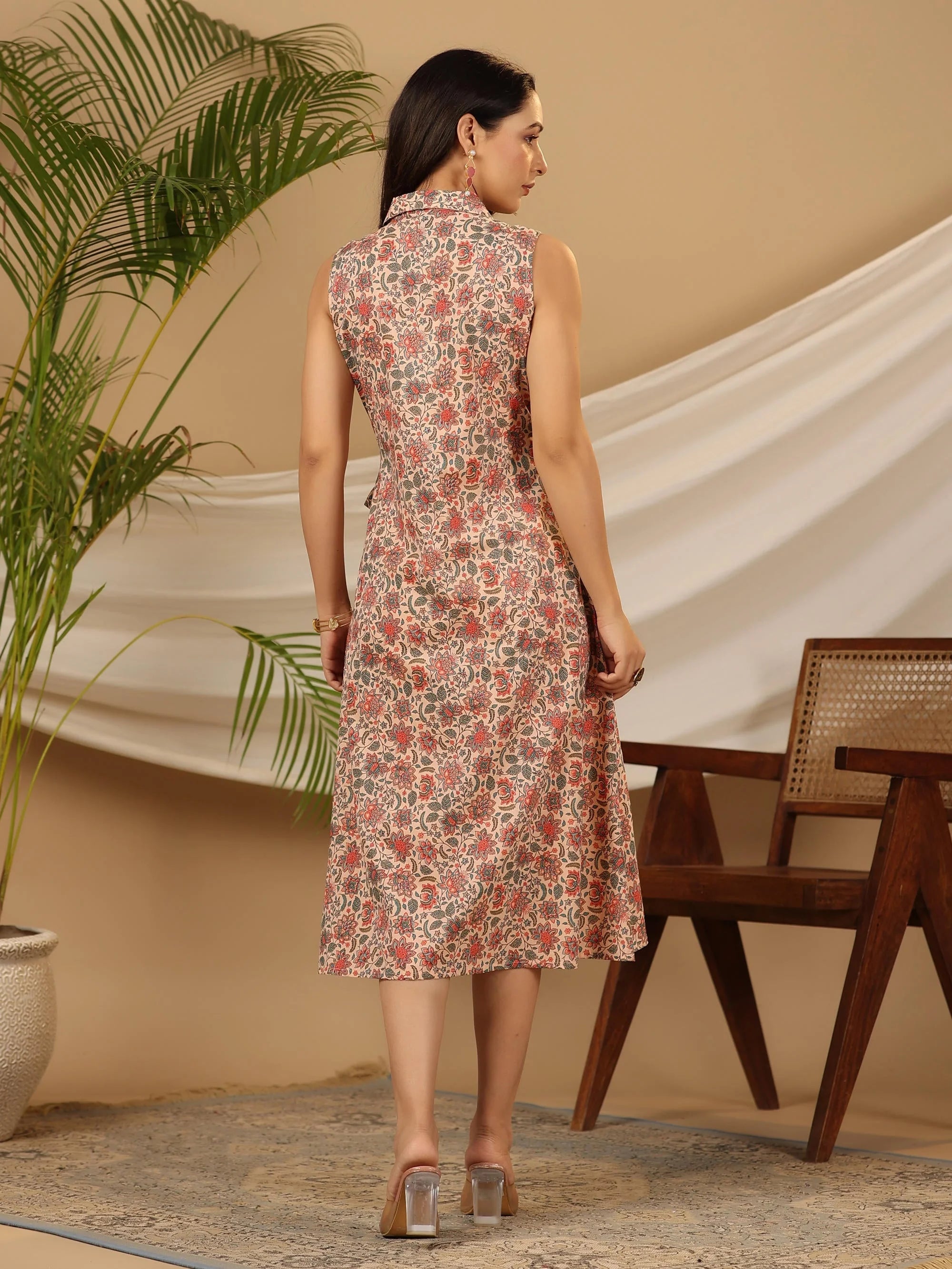 Peach Floral Cotton A-Line Dress | Indian Dresses Online