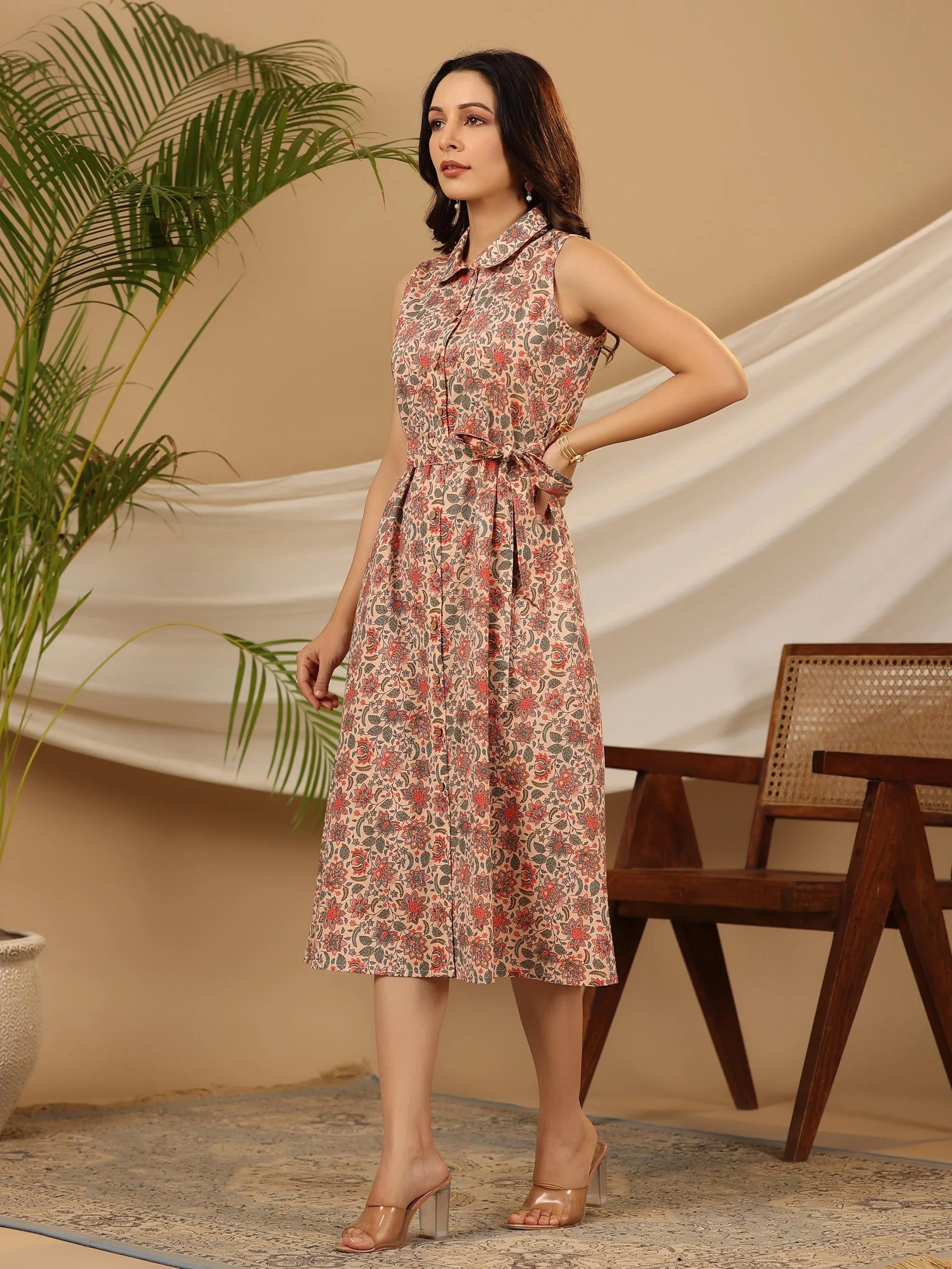 Peach Floral Cotton A-Line Dress | Indian Dresses Online