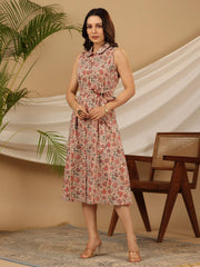 Peach Floral Printed Pure Cotton A-line Dress-S4381PEACH