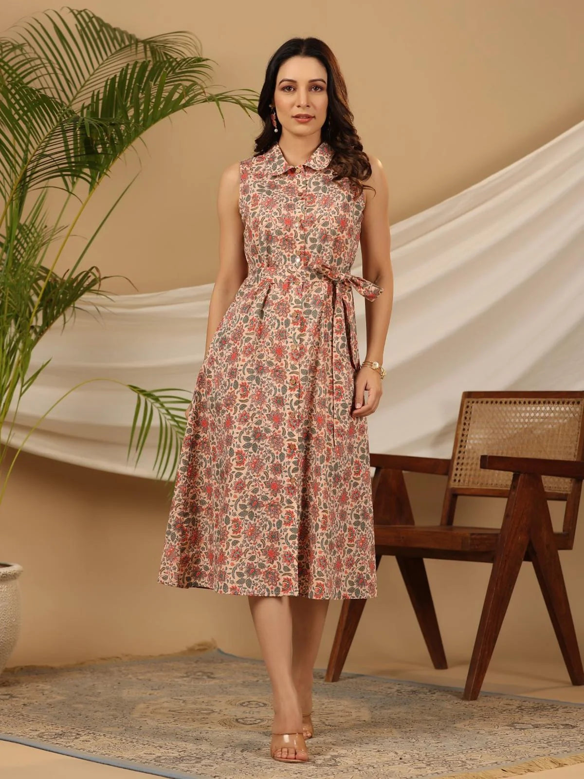 Peach Floral Cotton A-Line Dress | Indian Dresses Online