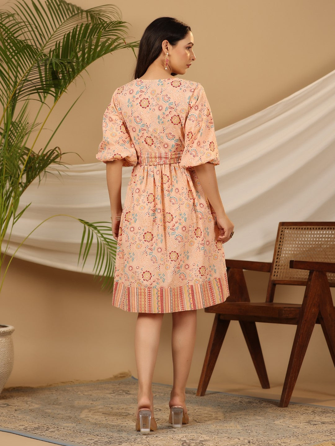 Peach Floral Printed Pure Cotton Short Dress With Belt & Beads Work | 