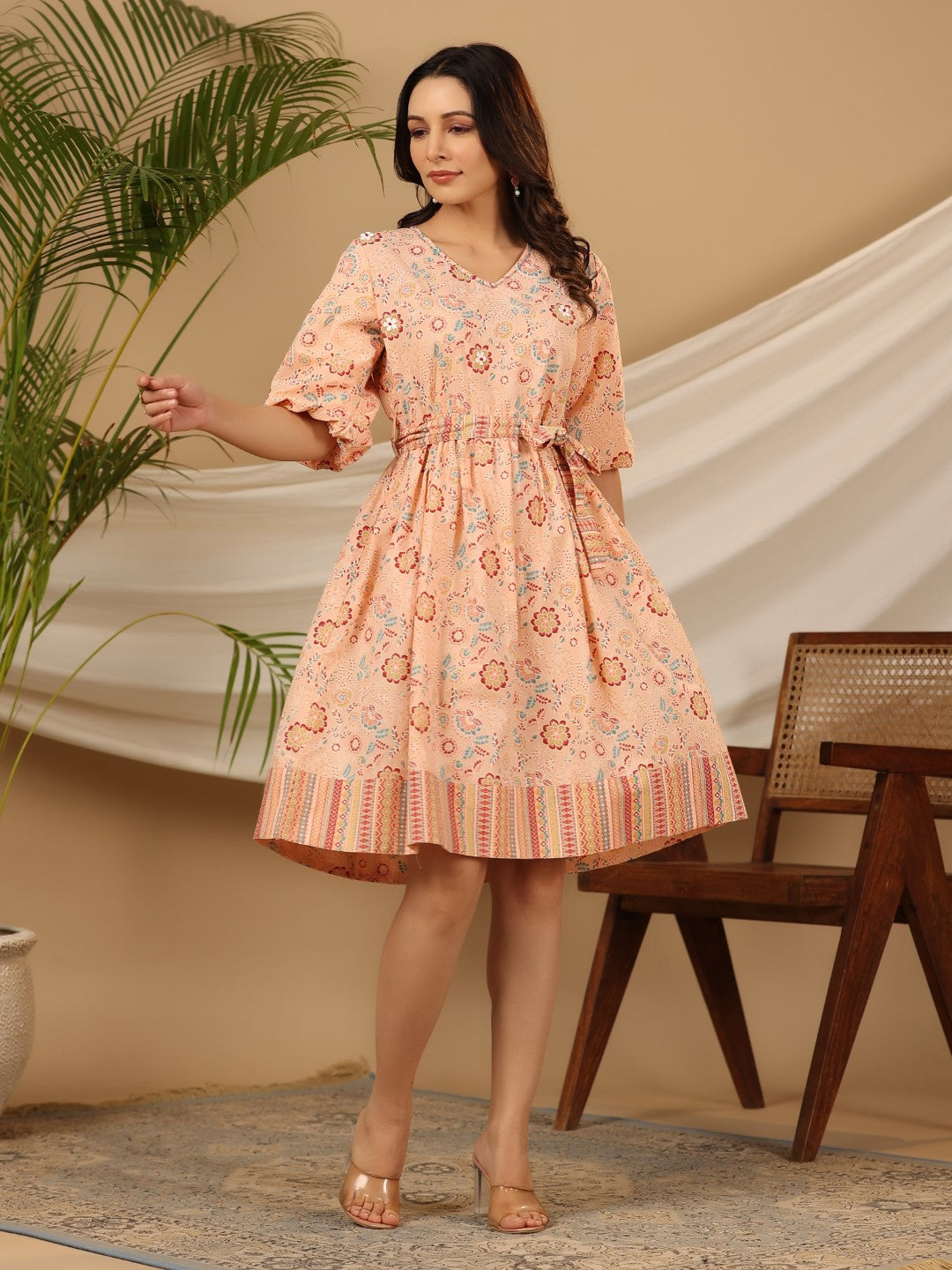 Peach Floral Printed Pure Cotton Short Dress With Belt & Beads Work | 