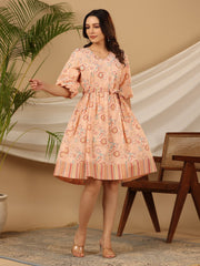 Juniper Peach Floral Printed Pure Cotton Short Dress With Belt & Beads Work