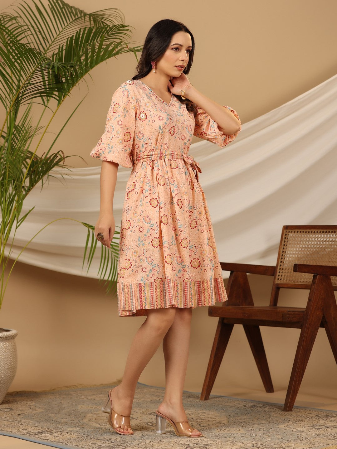 Peach Floral Printed Pure Cotton Short Dress With Belt & Beads Work | 