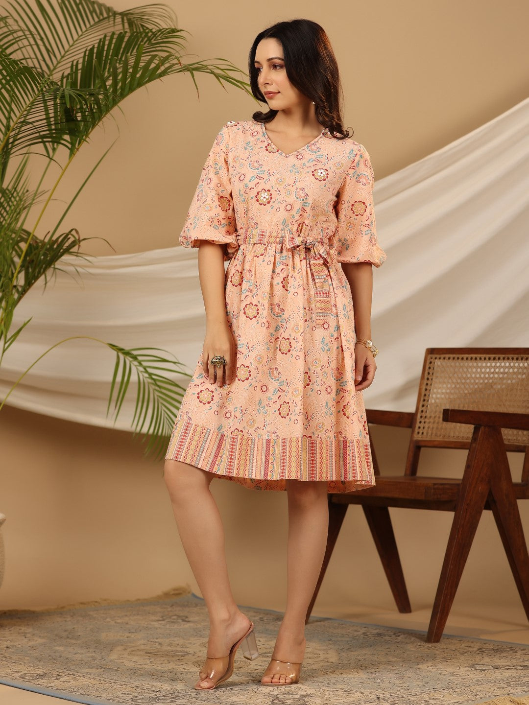 Peach Floral Printed Pure Cotton Short Dress With Belt & Beads Work | 