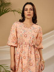 Juniper Peach Floral Printed Pure Cotton Short Dress With Belt & Beads Work