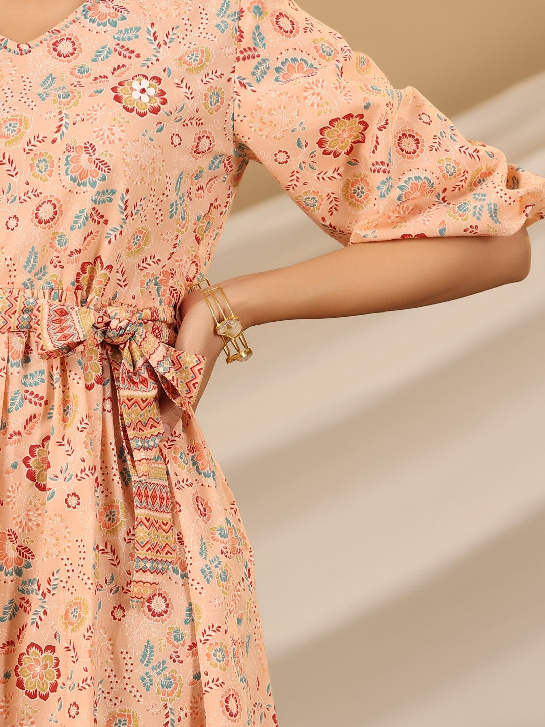 Peach Floral Printed Pure Cotton Short Dress With Belt & Beads Work | 