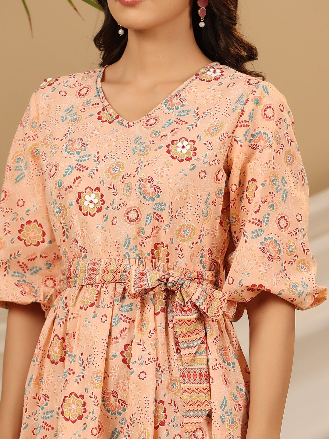 Peach Floral Printed Pure Cotton Short Dress With Belt & Beads Work | 