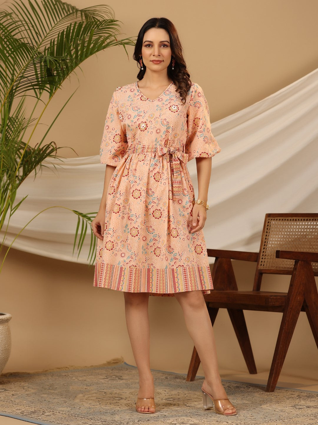 Peach Floral Printed Pure Cotton Short Dress With Belt & Beads Work | 