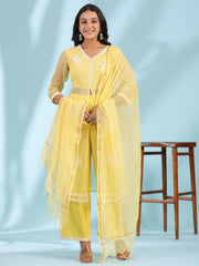 Yellow Floral Printed pure Cotton Kurta Palazzos & Kota Doria Dupatta With Beads Work-S4384YELLOW