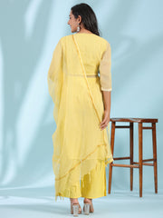 Yellow Floral Printed pure Cotton Kurta Palazzos & Kota Doria Dupatta With Beads Work-S4384YELLOW