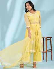 Yellow Floral Printed pure Cotton Kurta Palazzos & Kota Doria Dupatta With Beads Work-S4384YELLOW