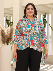 The Digitopia Multi-Coloured Rayon Printed High-Low Tunic, Where Every Stitch Tells A Story Of Eclectic Charm, Featuring A Chic Mandarin Collar And Playful Three-Quarter Flared Sleeves For An Unforgettable Fashion Statement.-S4458PLUSMULTI