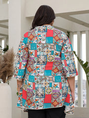 The Digitopia Multi-Coloured Rayon Printed High-Low Tunic, Where Every Stitch Tells A Story Of Eclectic Charm, Featuring A Chic Mandarin Collar And Playful Three-Quarter Flared Sleeves For An Unforgettable Fashion Statement.-S4458PLUSMULTI