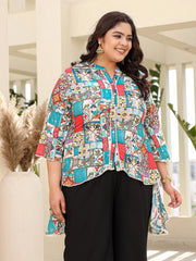 The Digitopia Multi-Coloured Rayon Printed High-Low Tunic, Where Every Stitch Tells A Story Of Eclectic Charm, Featuring A Chic Mandarin Collar And Playful Three-Quarter Flared Sleeves For An Unforgettable Fashion Statement.-S4458PLUSMULTI