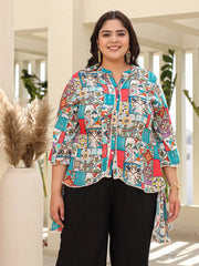 The Digitopia Multi-Coloured Rayon Printed High-Low Tunic, Where Every Stitch Tells A Story Of Eclectic Charm, Featuring A Chic Mandarin Collar And Playful Three-Quarter Flared Sleeves For An Unforgettable Fashion Statement.-S4458PLUSMULTI