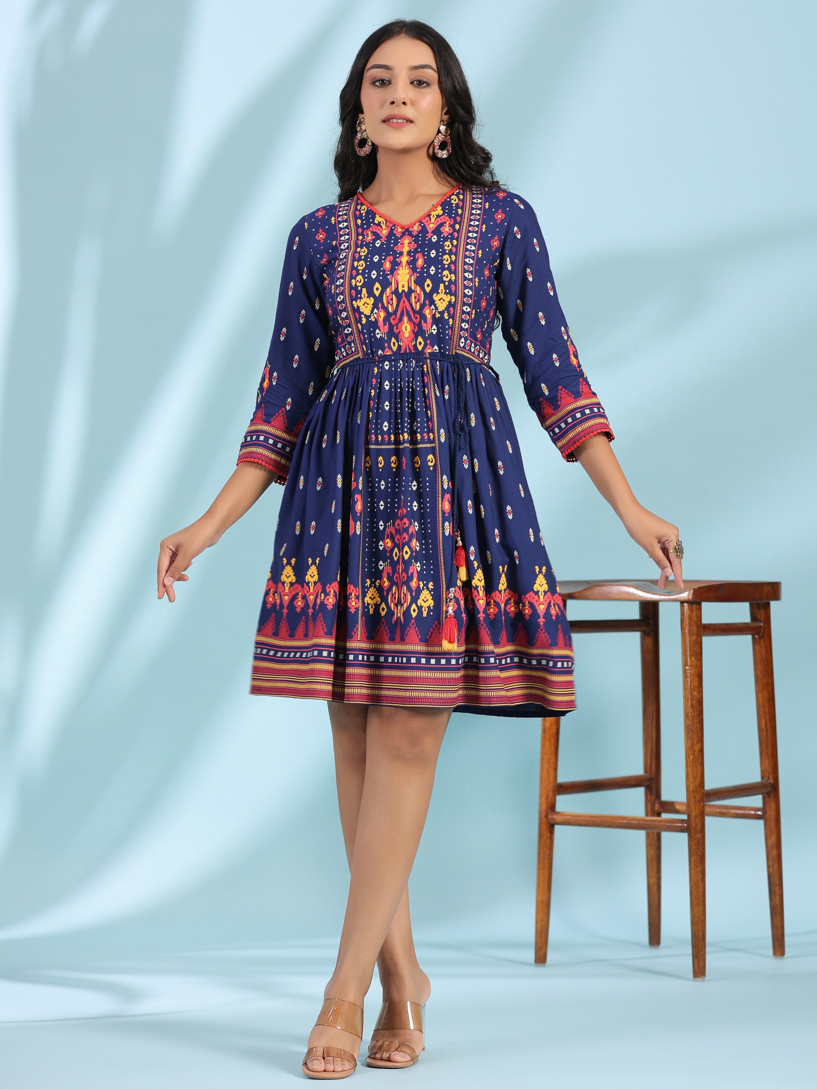 Navy Blue Rayon Ikat Printed Fit & Flare Lacy Short Dress With Dori Ti