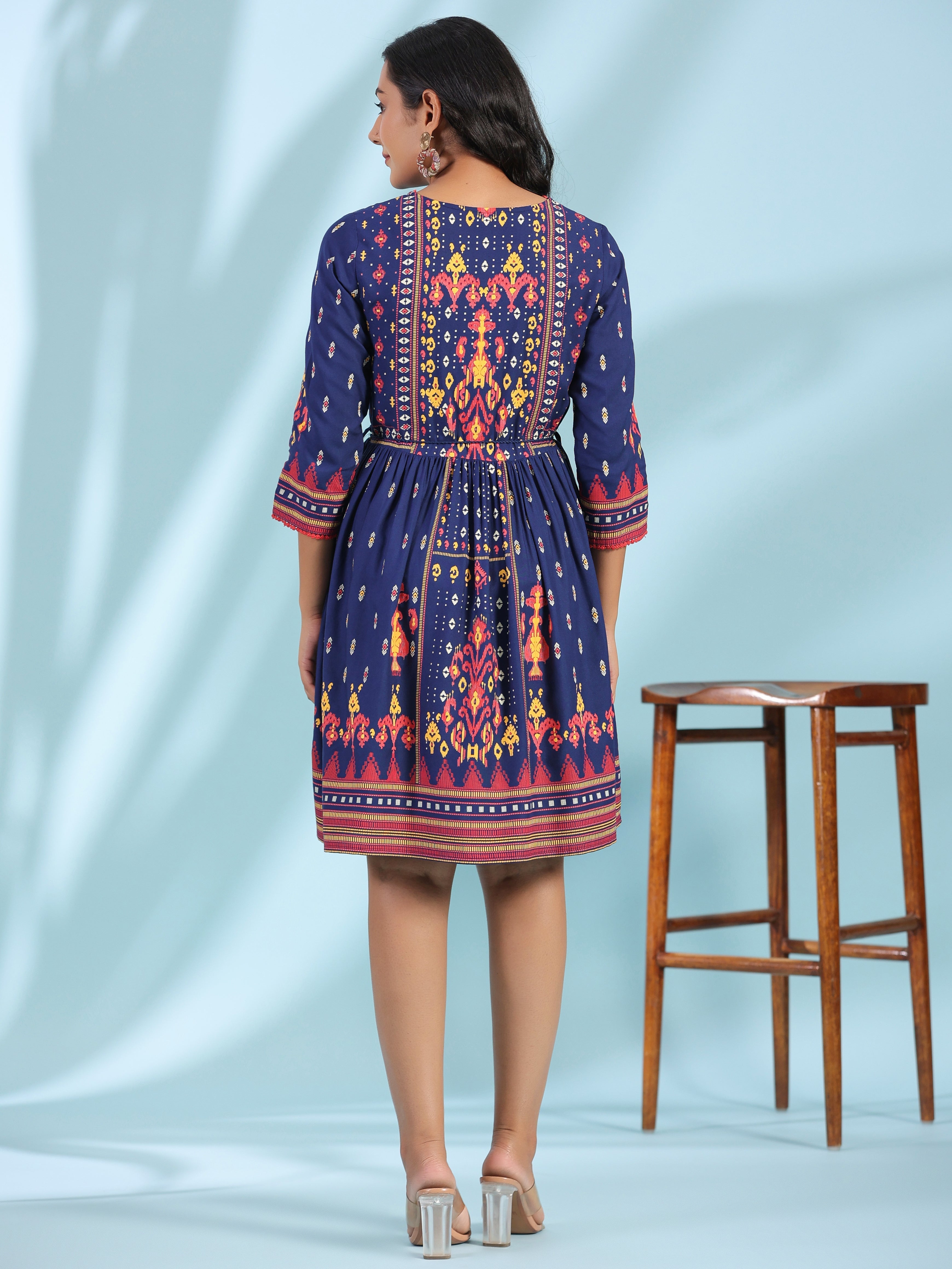 Navy Blue Rayon Ikat Printed Fit & Flare Lacy Short Dress With Dori Ti