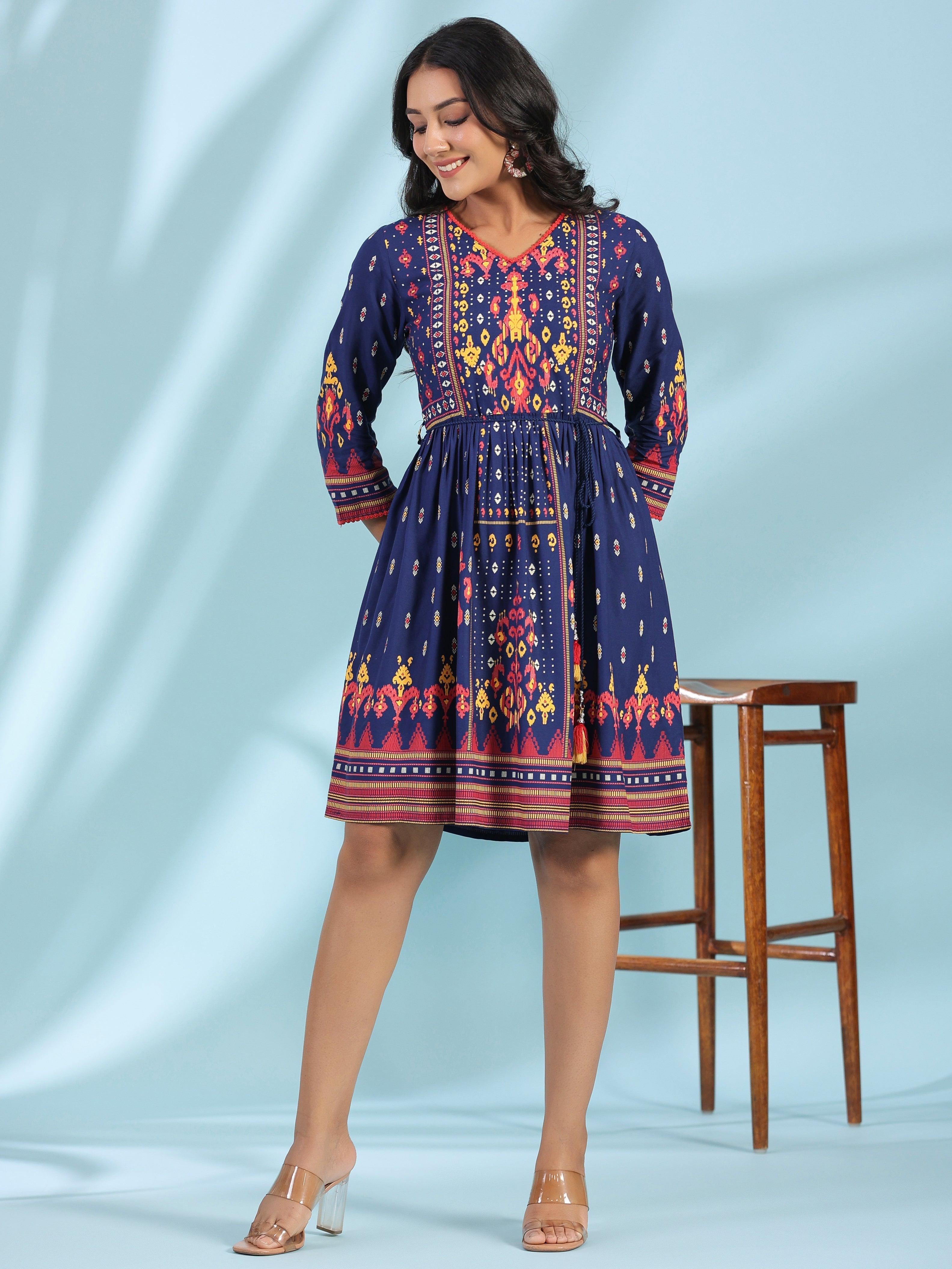 Navy Blue Rayon Ikat Printed Fit & Flare Lacy Short Dress With Dori Ti