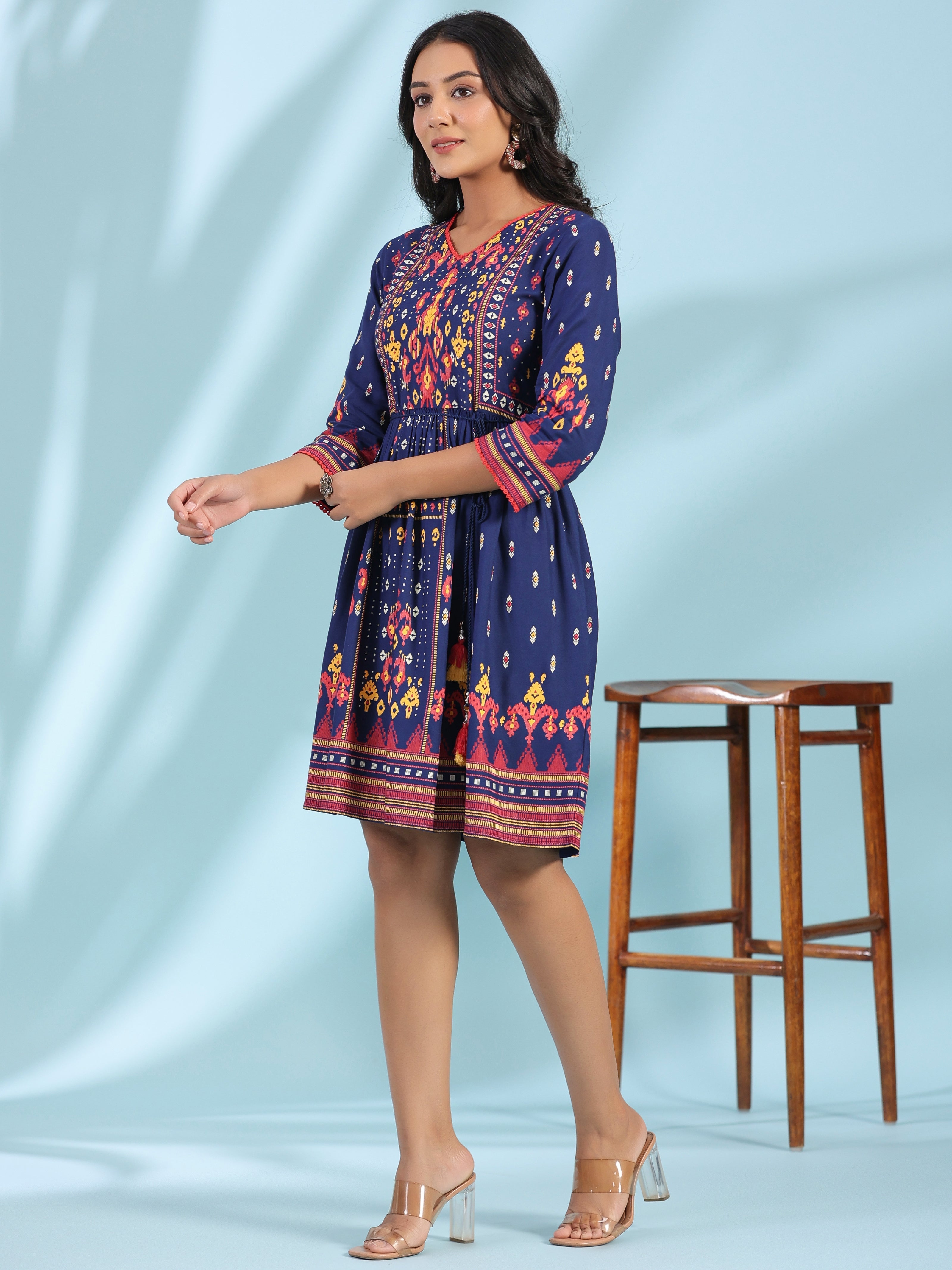 Navy Blue Rayon Ikat Printed Fit & Flare Lacy Short Dress With Dori Ti