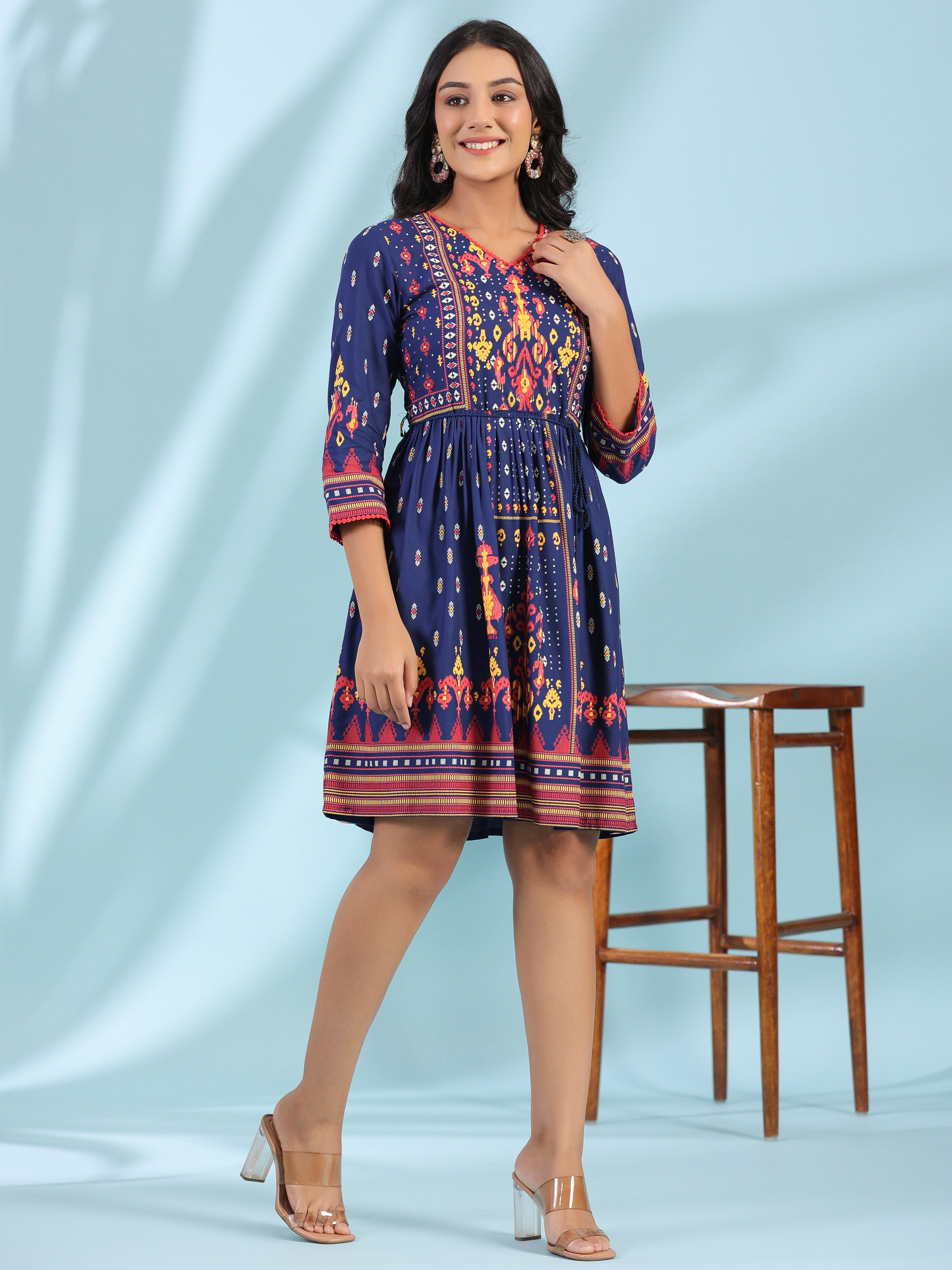 Navy Blue Rayon Ikat Printed Fit & Flare Lacy Short Dress With Dori Ti
