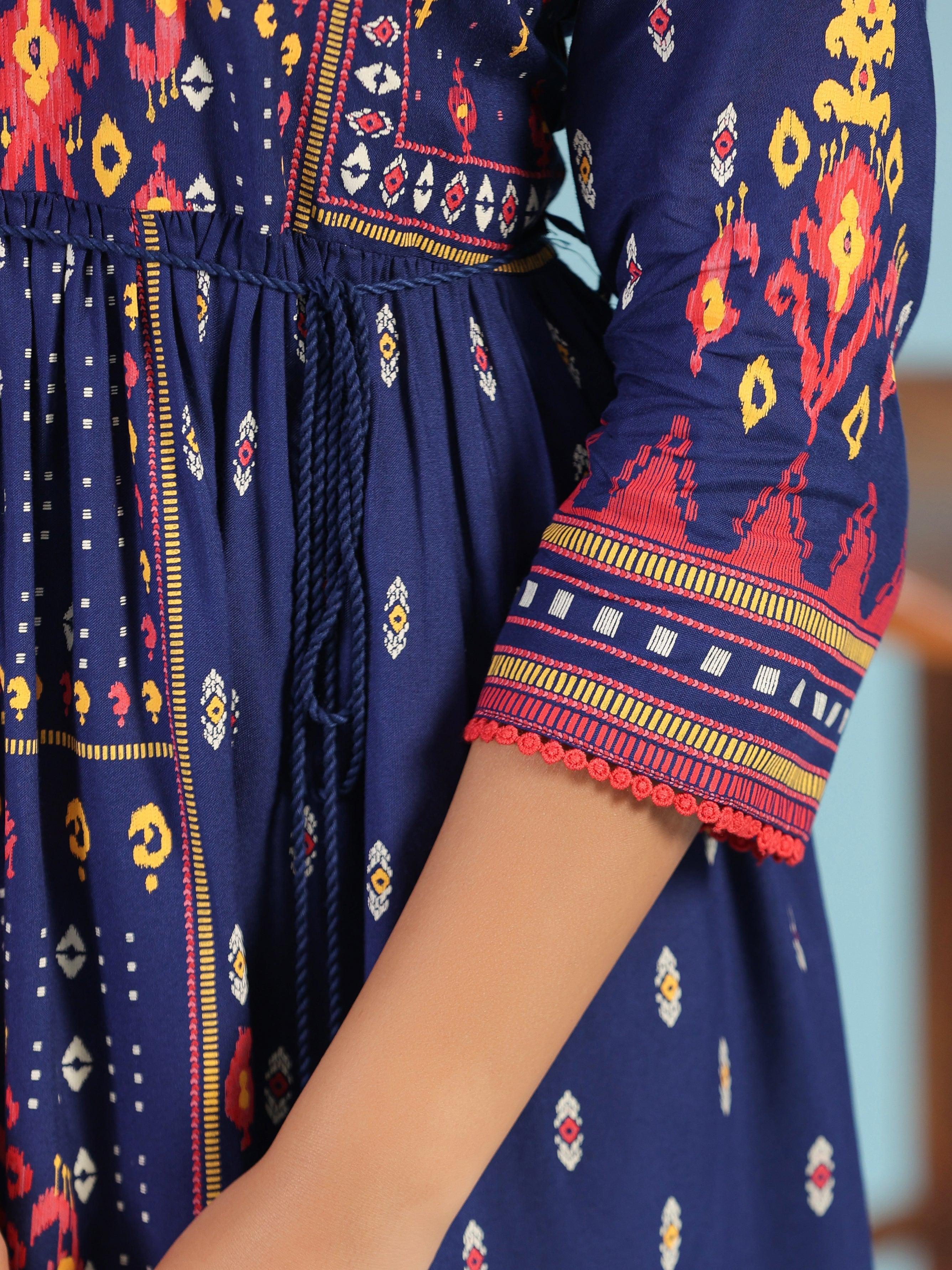 Navy Blue Rayon Ikat Printed Fit & Flare Lacy Short Dress With Dori Ti
