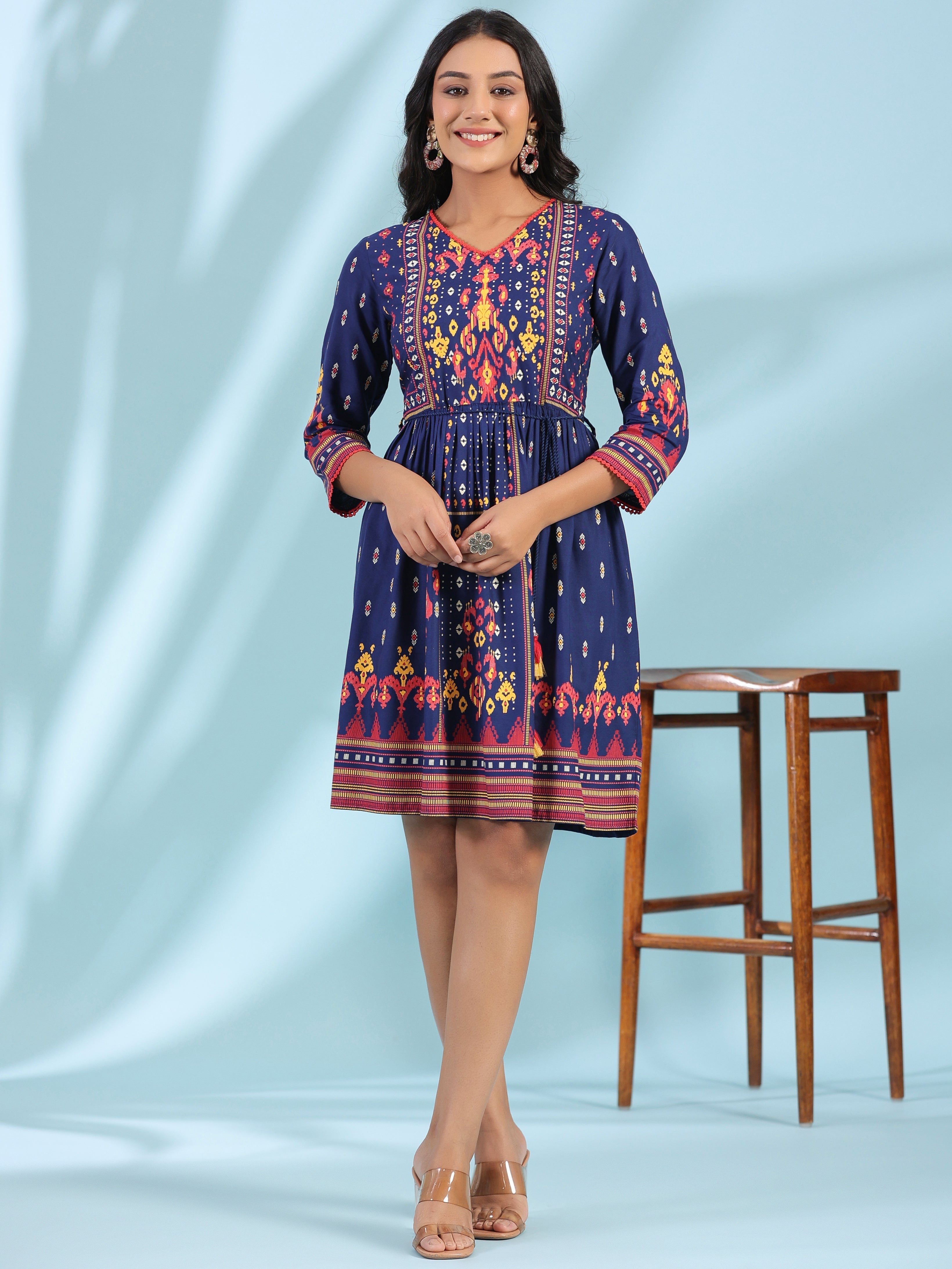 Navy Blue Rayon Ikat Printed Fit & Flare Lacy Short Dress With Dori Ti