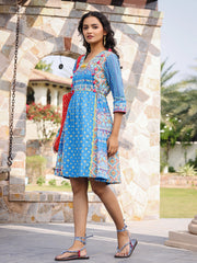 Blue Floral Printed Pure Cotton Dress With Beads & sequins Work-S4462BLUE