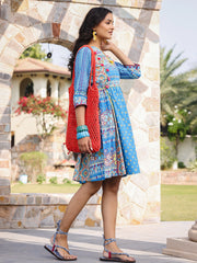 Blue Floral Printed Pure Cotton Dress With Beads & sequins Work-S4462BLUE