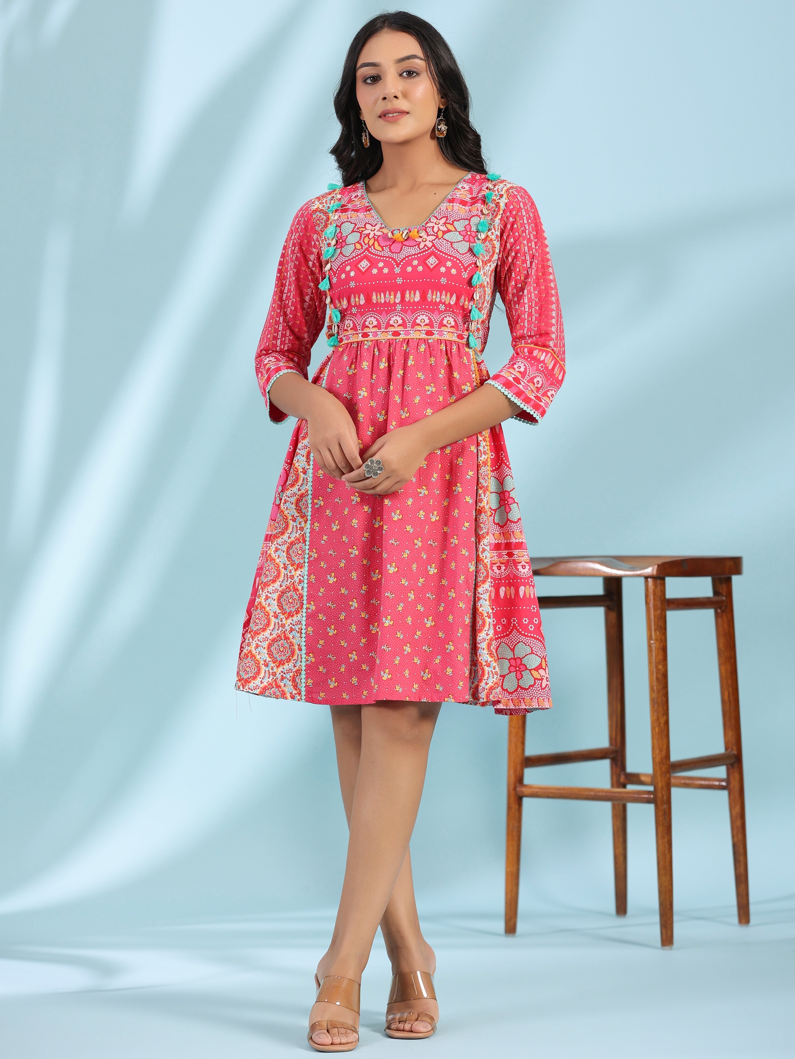 Pink Pure Cotton Floral Printed Panelled Short Dress With Contrasting 