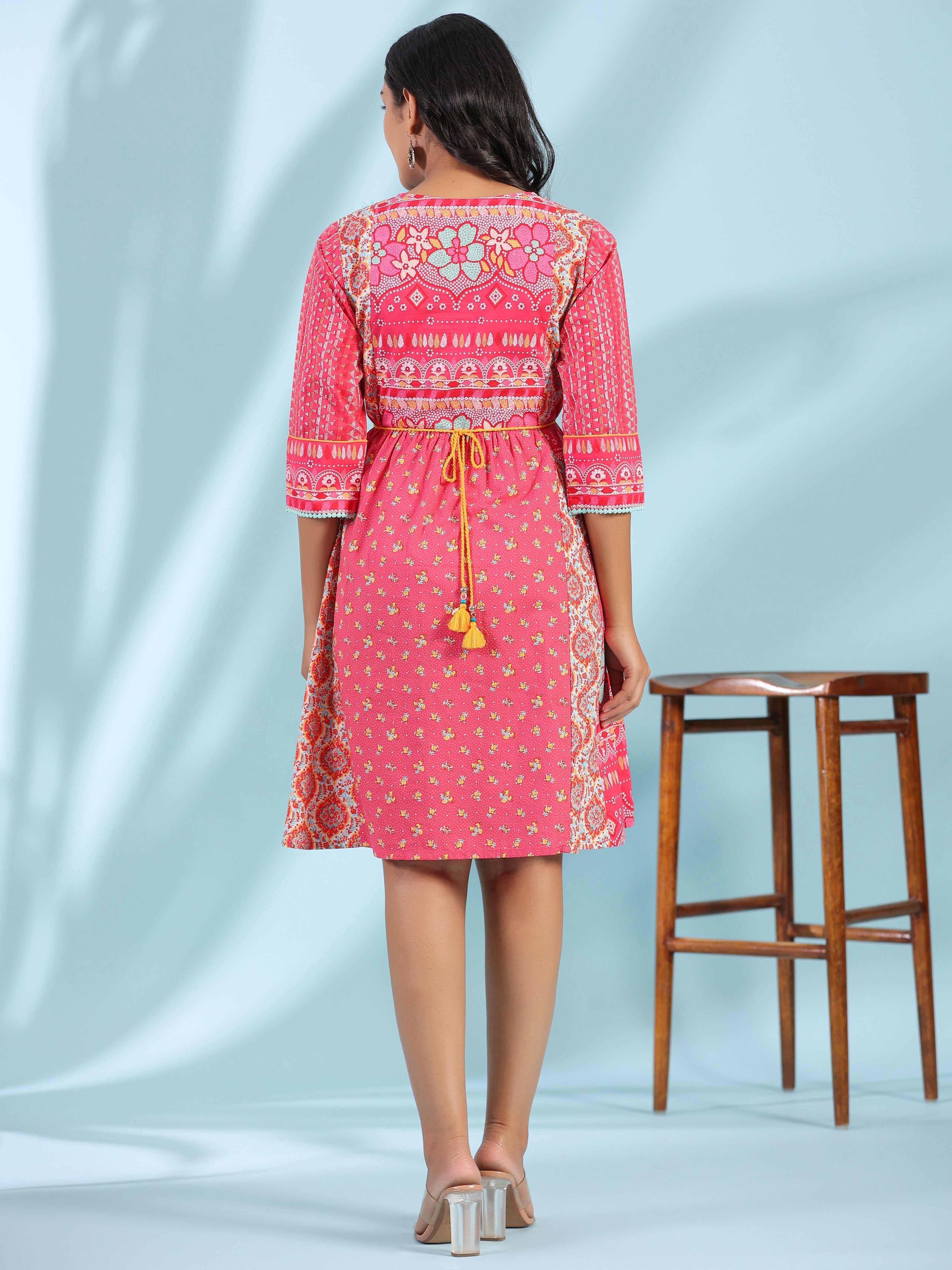 Pink Pure Cotton Floral Printed Panelled Short Dress With Contrasting 
