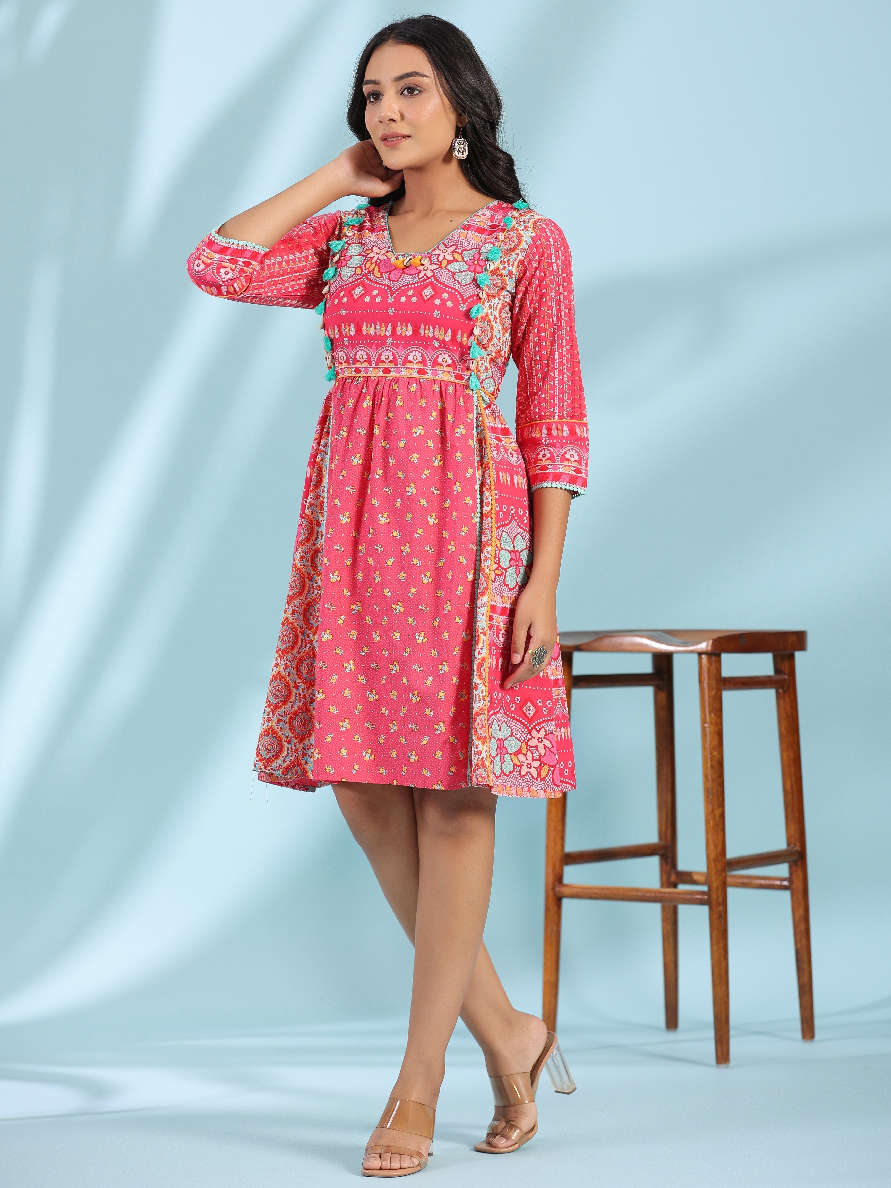 Pink Pure Cotton Floral Printed Panelled Short Dress With Contrasting 