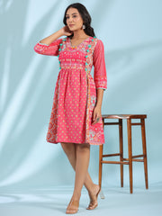 Juniper Pink Pure Cotton Floral Printed Panelled Short Dress With Contrasting Tassels & Beadwork