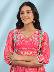 Juniper Pink Pure Cotton Floral Printed Panelled Short Dress With Contrasting Tassels & Beadwork