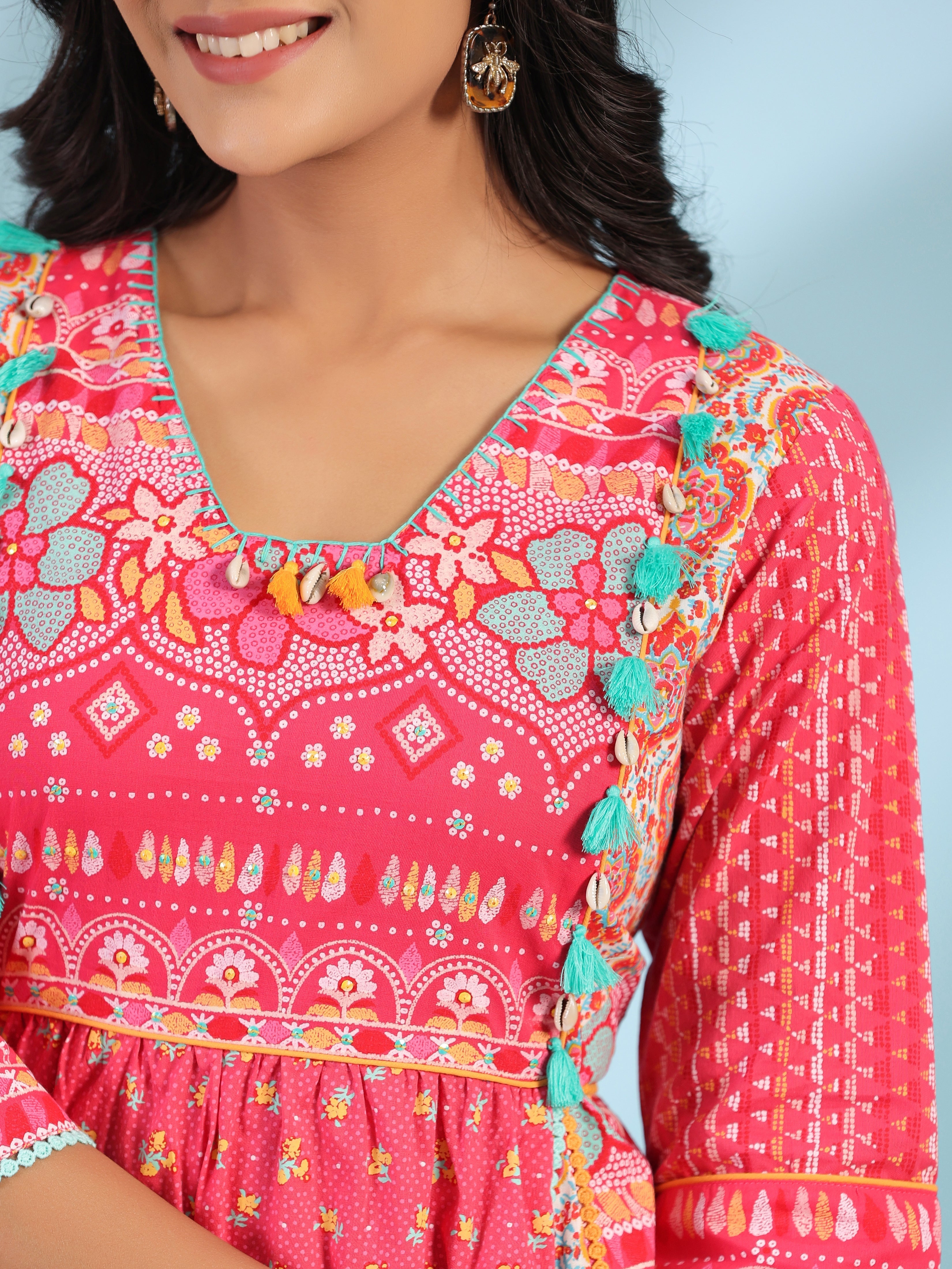 Pink Pure Cotton Floral Printed Panelled Short Dress With Contrasting 