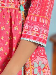 Juniper Pink Pure Cotton Floral Printed Panelled Short Dress With Contrasting Tassels & Beadwork